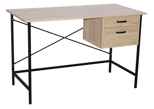Contemporary 2 drawer desk with oak effect and grey metal legs