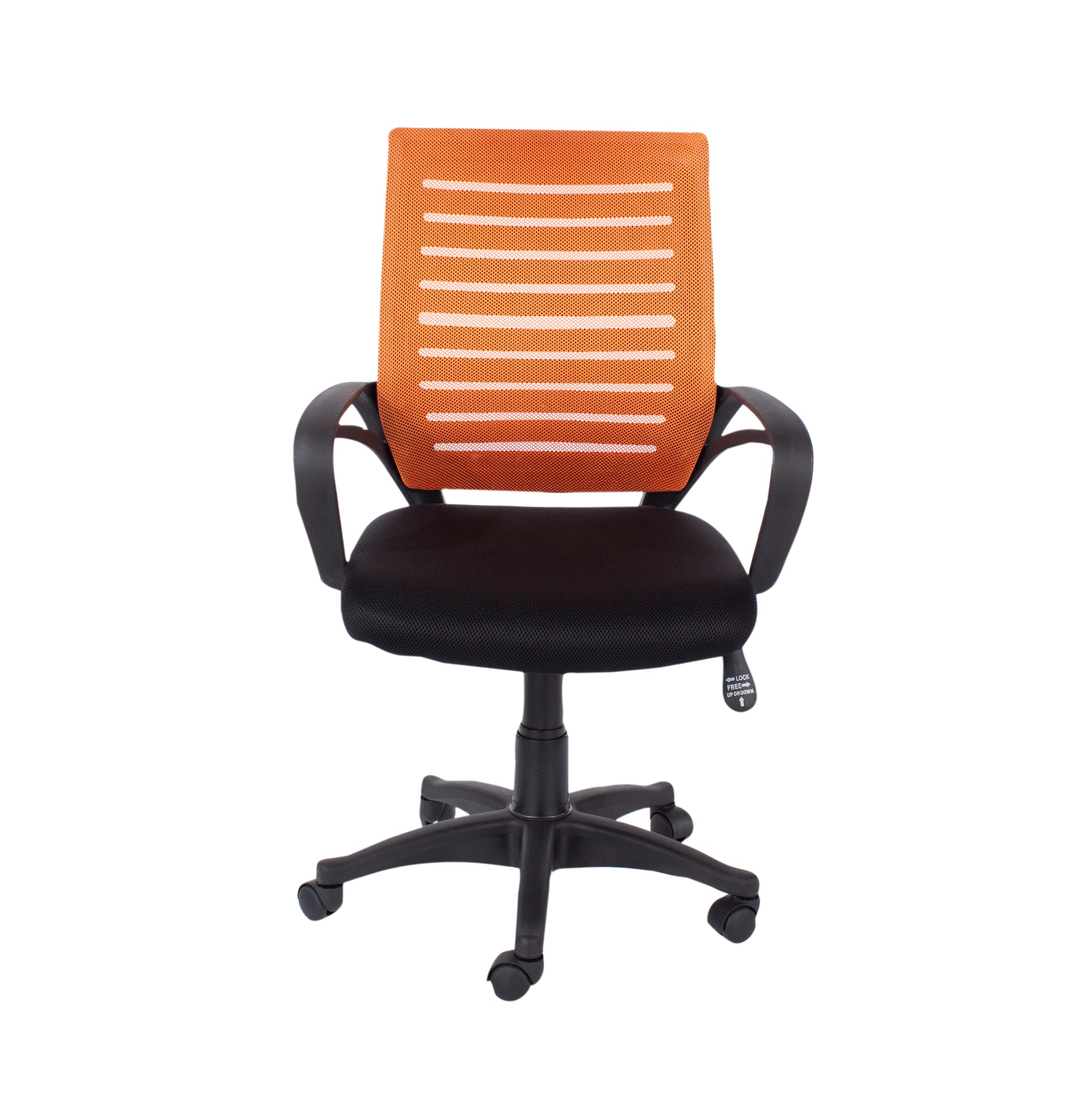 Loft Home Office Study Chair With Arms, Orange Mesh Back, Black Fabric Seat & Black Base