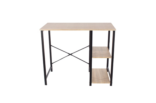Contemporary study desk with side storage, oak effect top with black metal legs