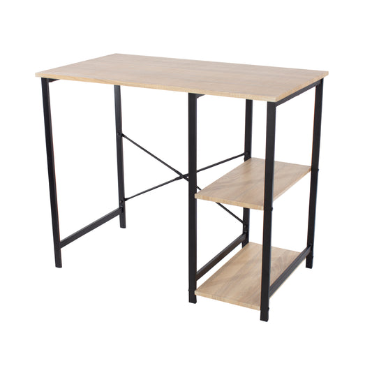 Contemporary study desk with side storage, oak effect top with black metal legs