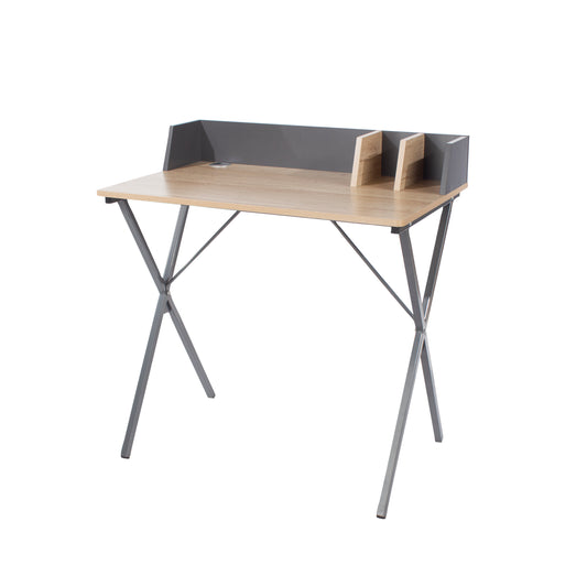 Contemporary study desk, oak effect top with grey metal cross legs