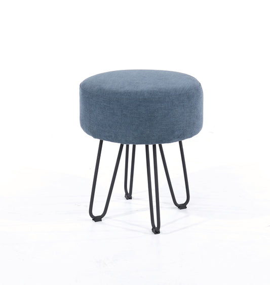 Accessories blue fabric upholstered round stool with black metal legs