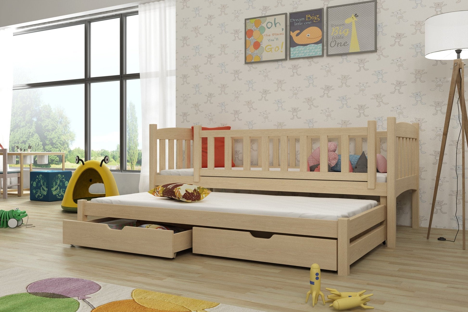 Wooden Double Bed Amelka with Trundle and Storage All Homely