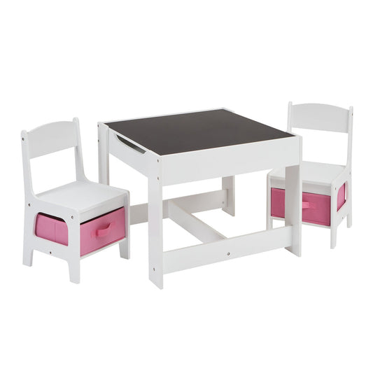 White Table And Chairs With Pink Storage Bins