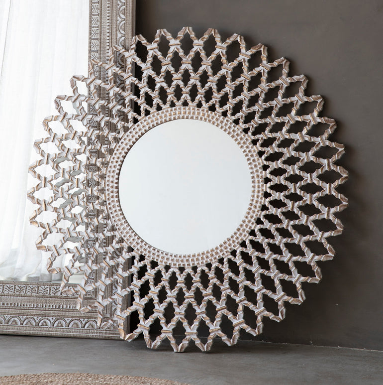 Sunburst Mirror 122 x 122cm - Latticework Circular Frame - Whitewash & Gold Accents