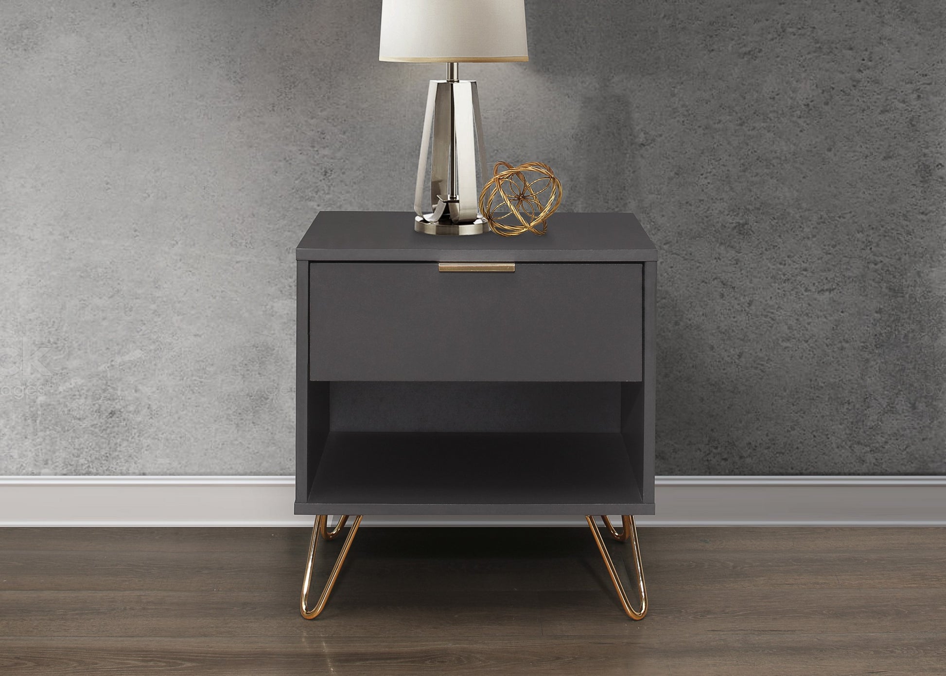 Arlo Bedside Table with Gold Accent Handle, Hairpin Legs, and Internal Shelf - Modern Grey Finish