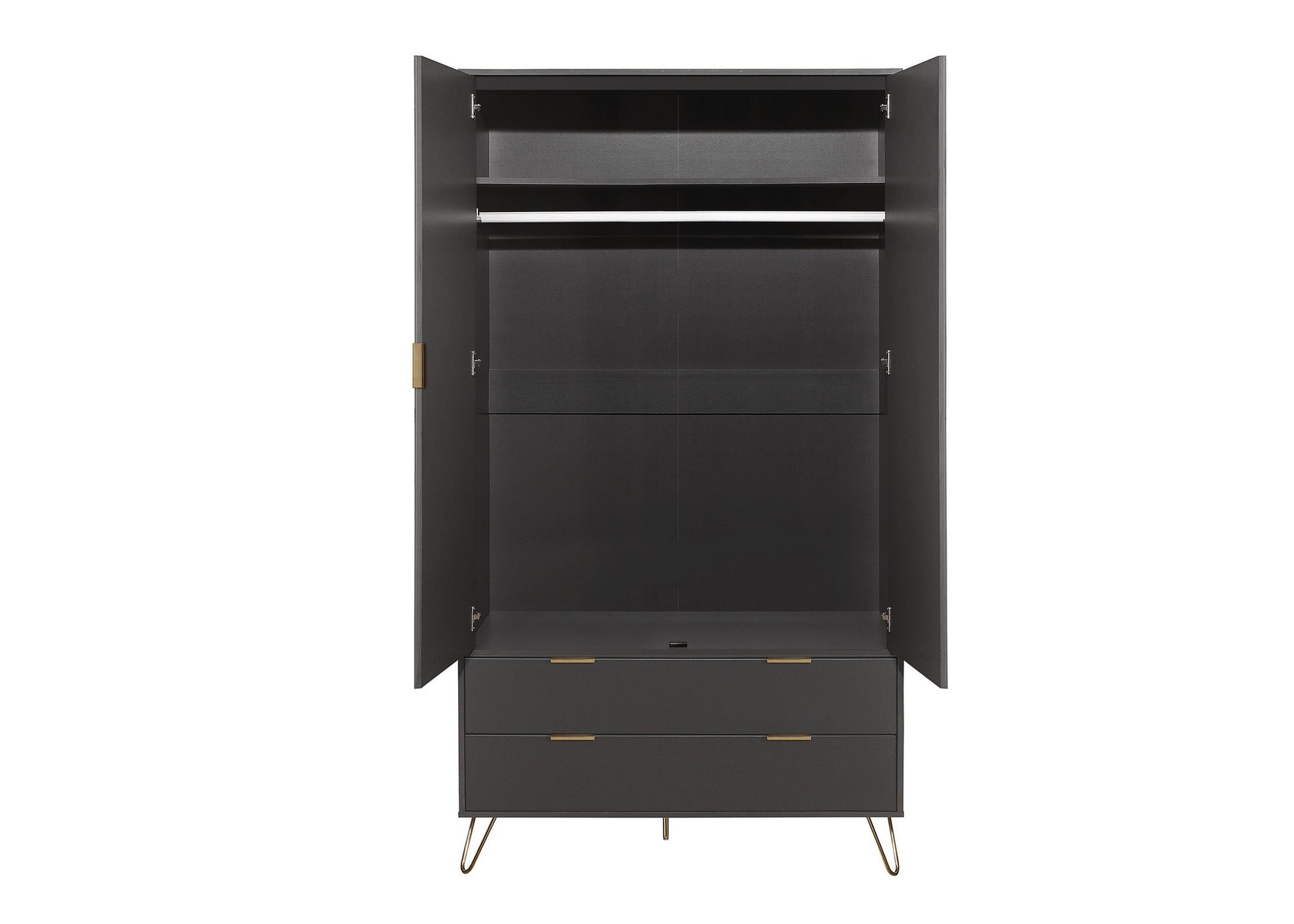 Arlo 2-Door Wardrobe with 2 Drawers, Gold Accent Handles, Hairpin Legs, Internal Shelves, Particle Board Construction