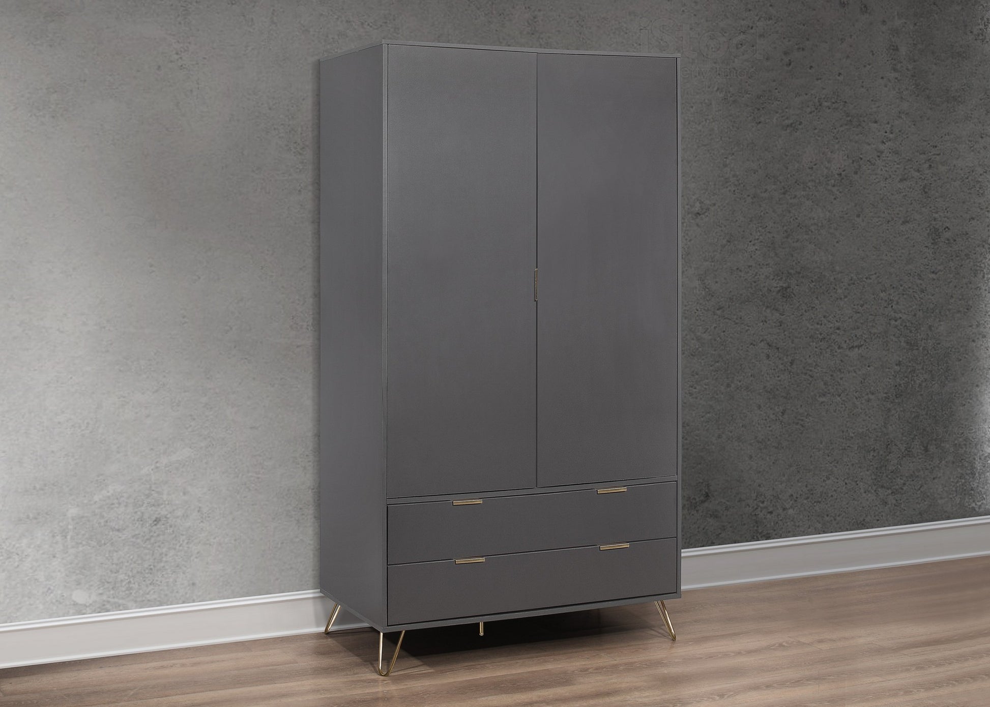 Arlo 2-Door Wardrobe with 2 Drawers, Gold Accent Handles, Hairpin Legs, Internal Shelves, Particle Board Construction