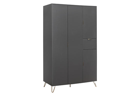 Arlo 4-Door Wardrobe with Gold Accent Handle, Hair Pin Legs, Internal Shelves and Drawer, Crafted from Particle Board