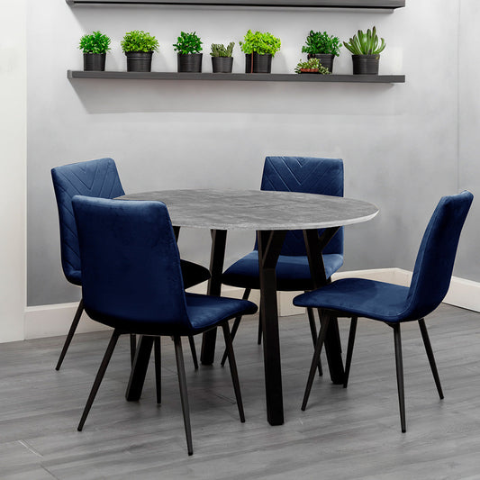 Dining Set - 1.1m Concrete Round Table & 4 x CH66 Blue Chairs