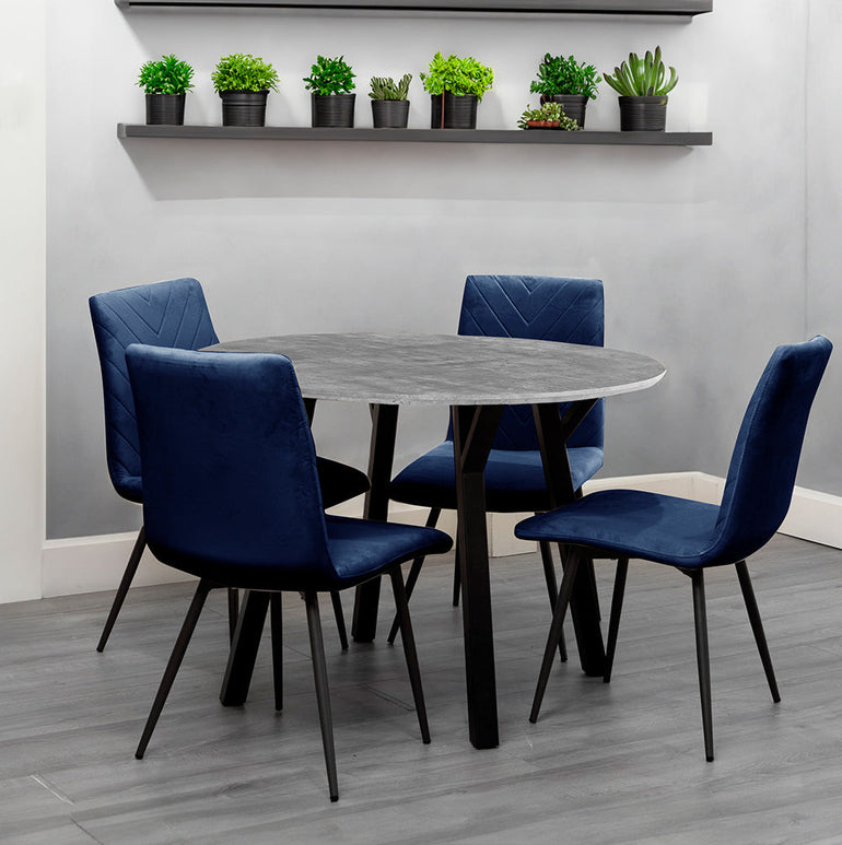 Dining Set - 1.1m Concrete Round Table & 4 x CH66 Blue Chairs