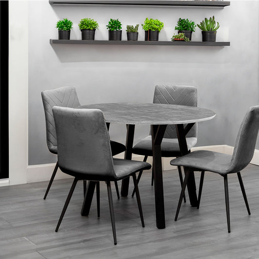 Dining Set - 1.1m Concrete Round Table & 4 x CH66 Grey Chairs