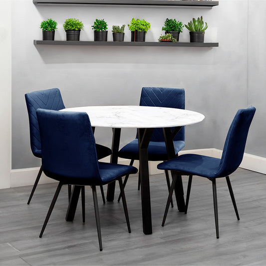 Dining Set - 1.1m Marble Round Table & 4 x CH66 Blue Chairs