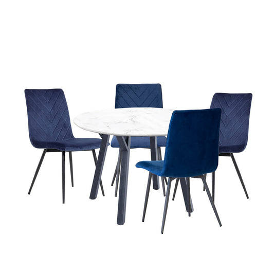 Dining Set - 1.1m Marble Round Table & 4 x CH66 Blue Chairs