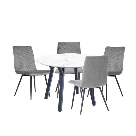 Dining Set - 1.1m Marble Round Table & 4 x CH66 Grey Chairs