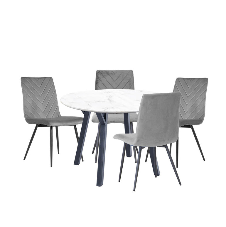 Dining Set - 1.1m Marble Round Table & 4 x CH66 Grey Chairs