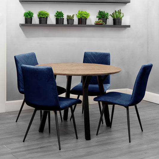 Dining Set - 1.1m Oak Finish Round Table & 4 x CH66 Blue Chairs