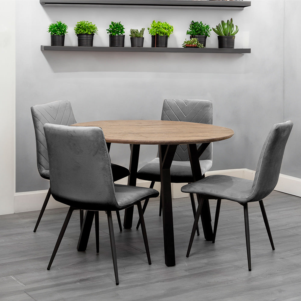 Dining Set - 1.1m Oak Finish Round Table & 4 x CH66 Grey Chairs