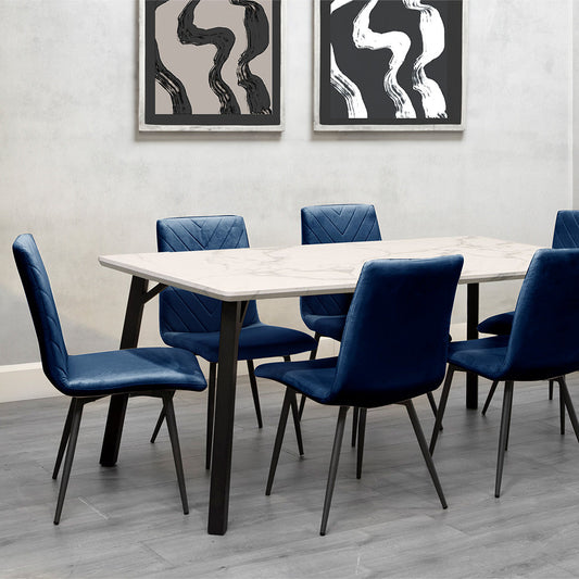 Dining Set - 1.8m Marble Table & 6 x CH66 Blue Chairs