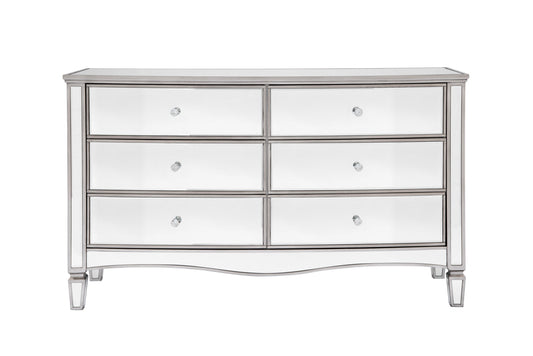 Elysee 6-Drawer Wide Chest with Crystal Handles and Velour Lining - Elegant Glass Mirrored Finish for Modern or Traditional Settings
