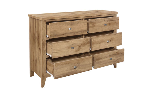 Hampstead 6-Drawer Chest: Classic Design, Rustic Wood Grain, Particleboard Construction with Laminated Finish