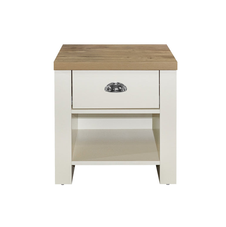 Highgate 1 Drawer Lamp Table with Storage Shelf - Modern Farmhouse Inspired Design with Silver Handle