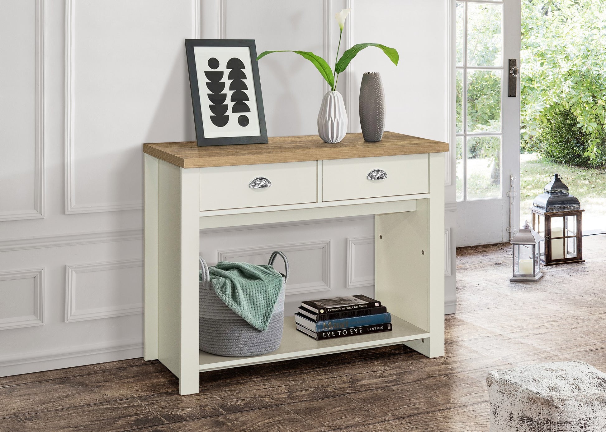 Highgate 2 Drawer Console Table - Classic Farmhouse Inspired, Modern Practical Affordable Furniture with Stylish Silver Handles, Large Shelf Storage, Ideal for Hallways