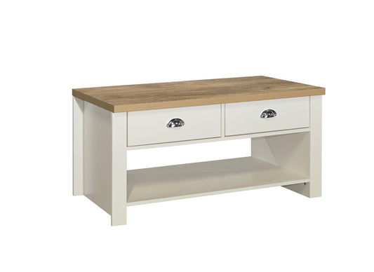 Highgate 2 Drawer Coffee Table with Silver Handles and Lower Shelf - Modern, Practical, Affordable, Ideal for All Interiors