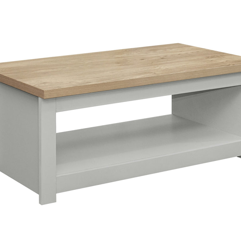 Highgate Coffee Table: Classic Farmhouse-Inspired, Modern Practical Design with Stylish Silver Handles and Lower Storage Shelf