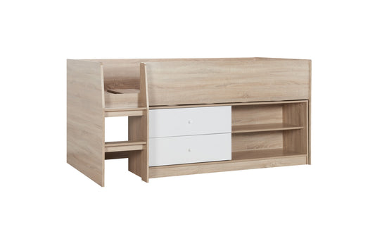 Leyton Cabin Bed with Under-Bed Storage and Shelving, Constructed from Sturdy Chipboard, Suitable for UK Standard Size Mattress