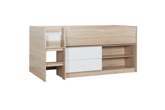 Leyton Cabin Bed with Under-Bed Storage and Shelving, Constructed from Sturdy Chipboard, Suitable for UK Standard Size Mattress