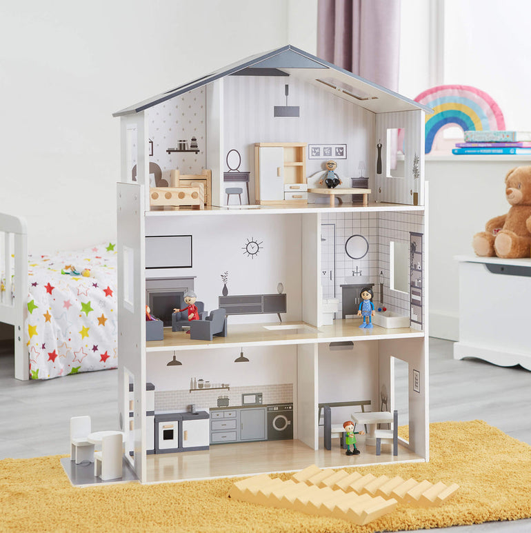 Contemporary Dolls House With 18 Handcrafted Wood Furniture