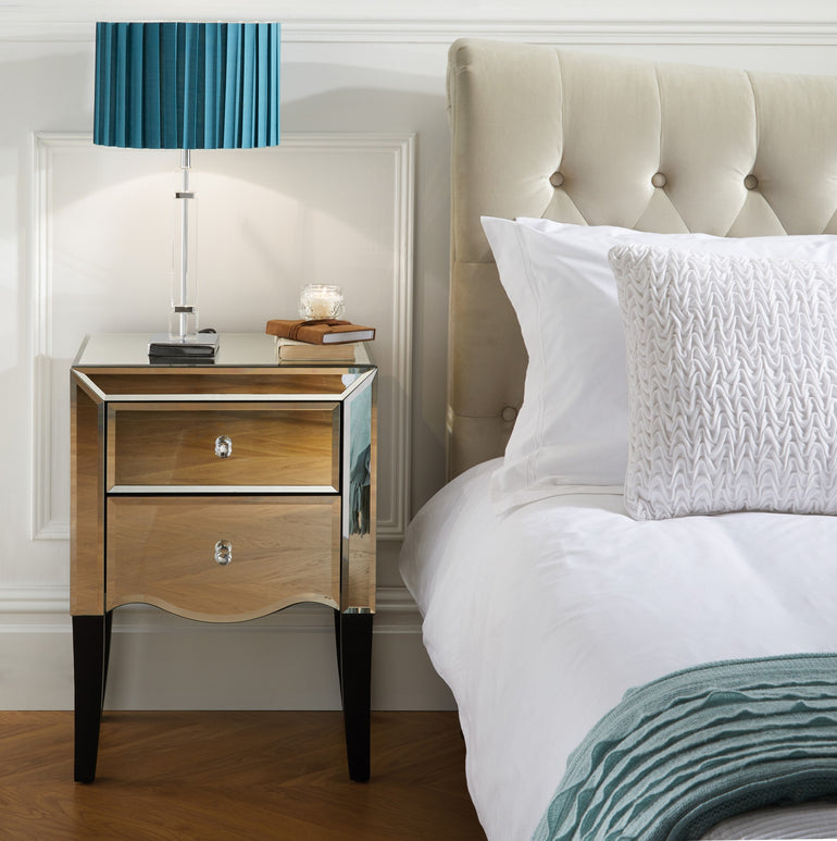 Birlea Palermo Range 2-Drawer Bedside Table with Mirrored Finish, Bevelled Edges, and Mock Crystal Handles