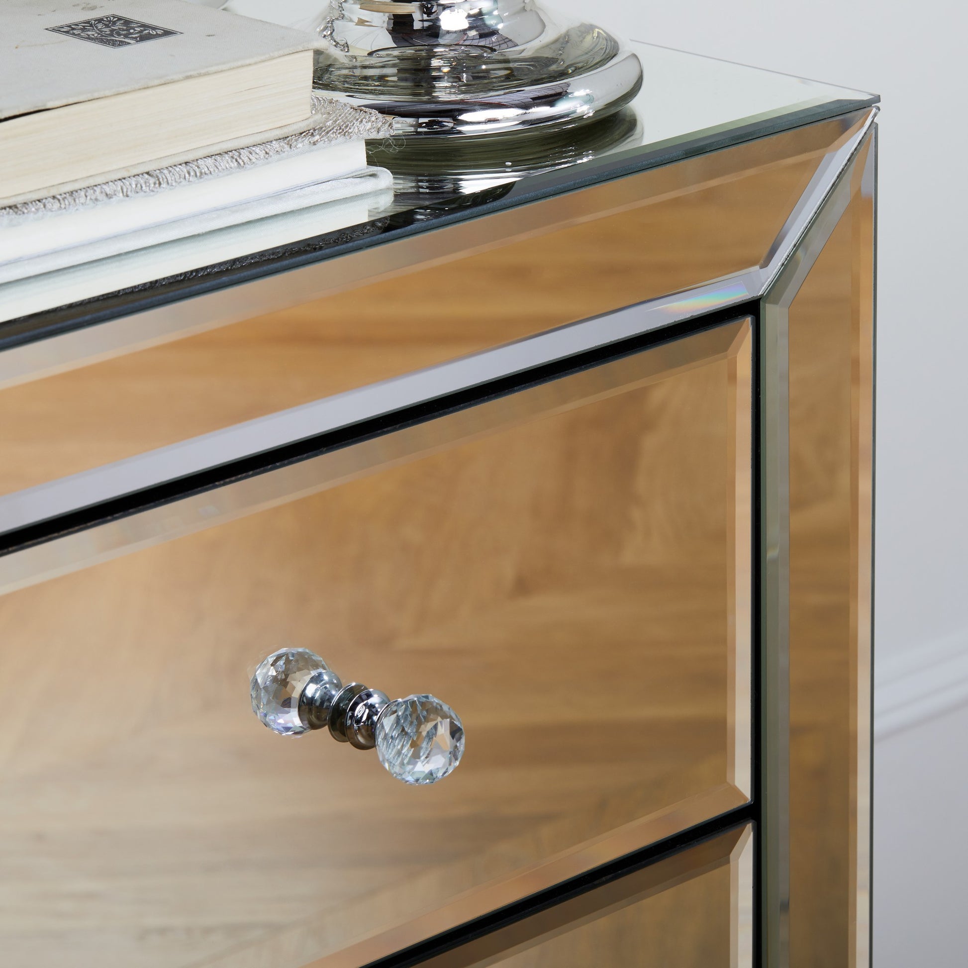 Birlea Palermo Range 2-Drawer Bedside Table with Mirrored Finish, Bevelled Edges, and Mock Crystal Handles