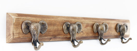 Four Gold Elephant Design Hooks on Wooden Base