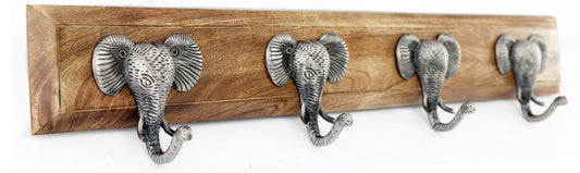 Four Silver Elephant Design Hooks on Wooden Base