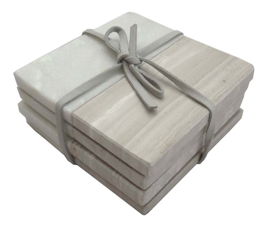 Set of 4 Wood Effect Marble Coasters - Square
