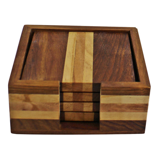 Set of 4 Wooden Coasters With Holder