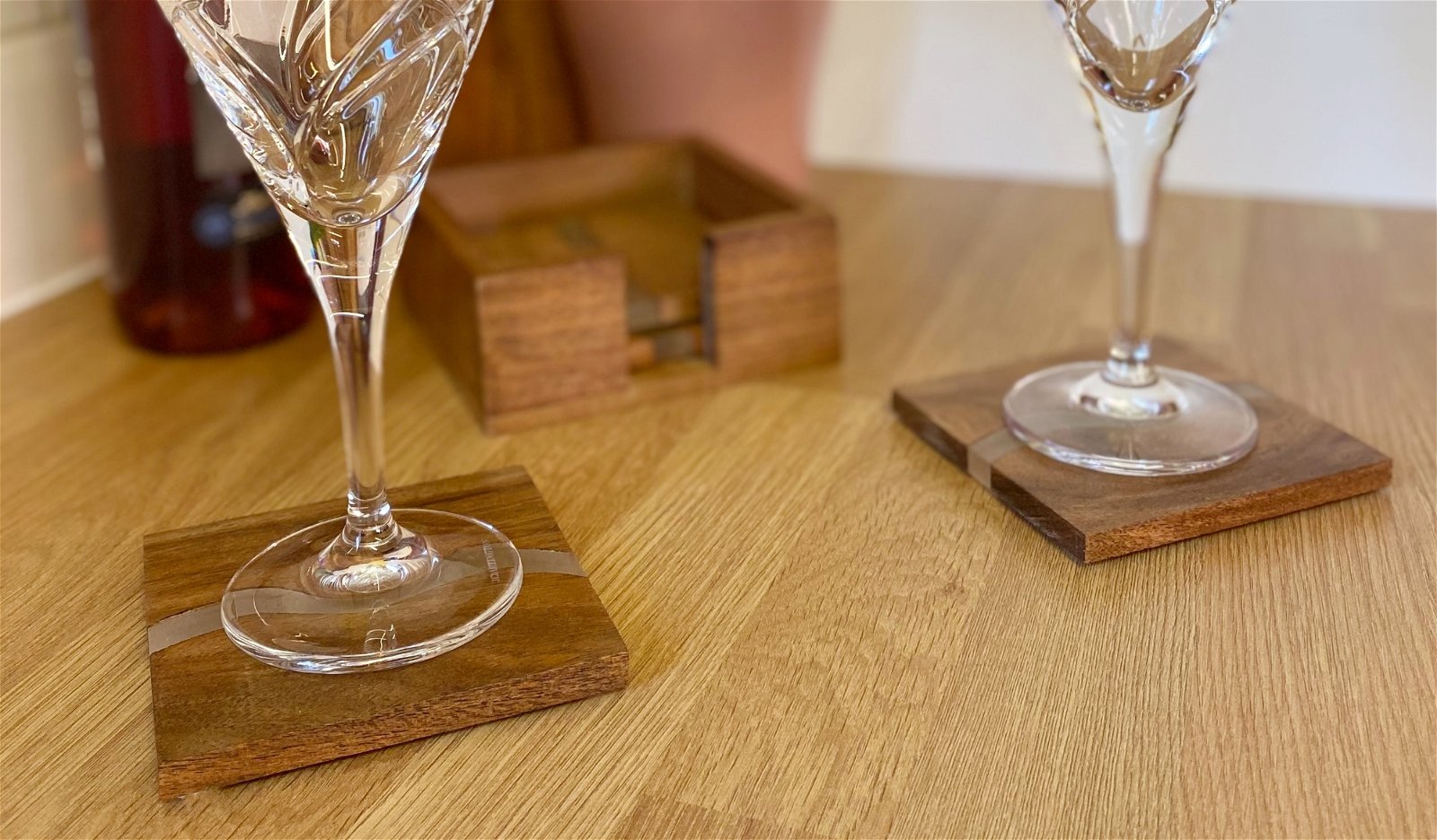 Wooden Wave Design Coasters In A Wooden Holder