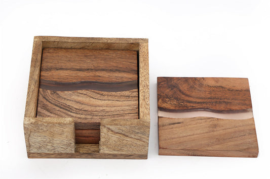 Wooden Wave Design Coasters In A Wooden Holder