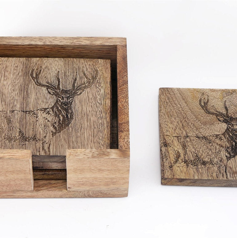 Wooden Set of 4 Engraved Stag Coasters