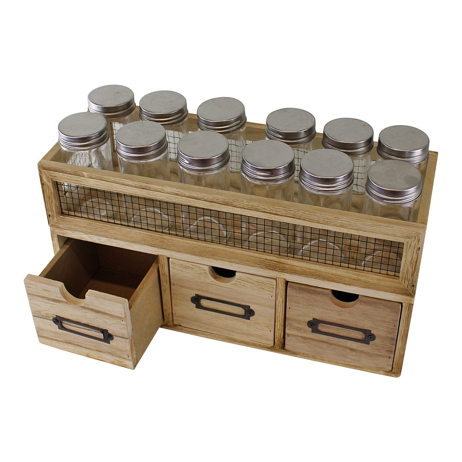 12 Jar Freestanding Spice Rack With Bottles & 3 Drawer Cabinet