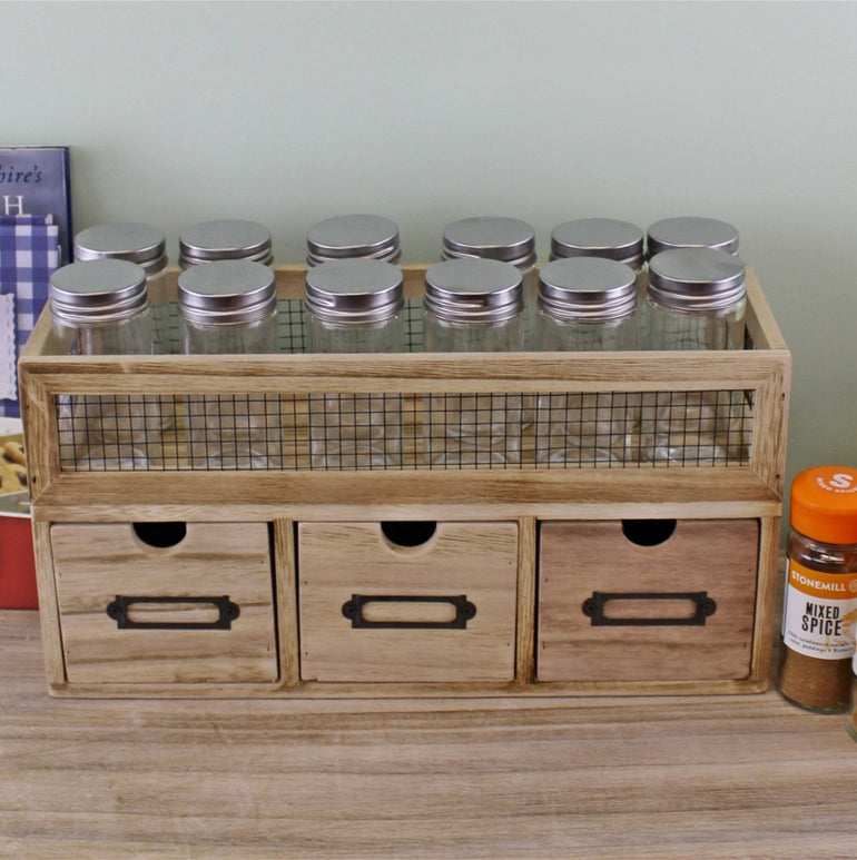 12 Jar Freestanding Spice Rack With Bottles & 3 Drawer Cabinet