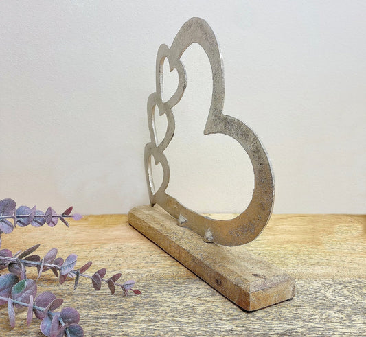 Metal Silver Four Heart Ornament On A Wooden Base Large