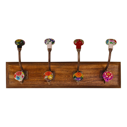 Mexican Floral Ceramic Hooks on Wooden Base