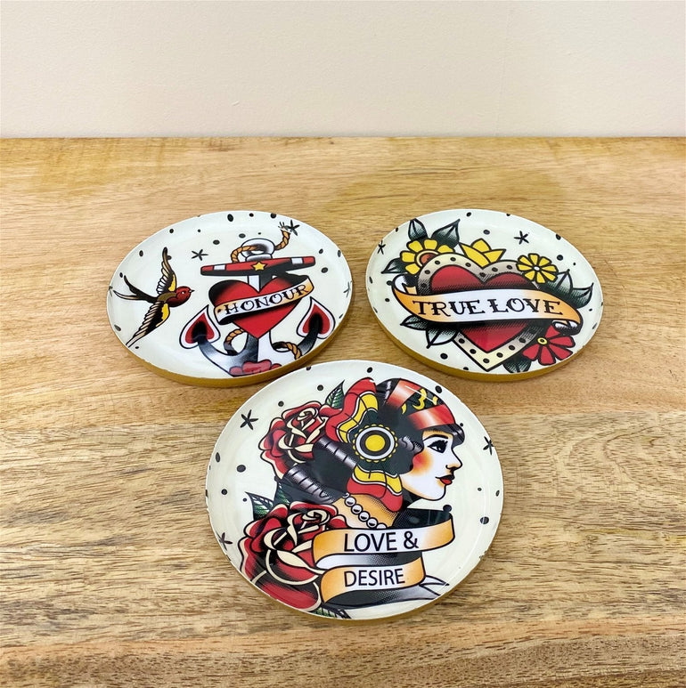Set of Three Metal Retro Tattoo Design Coasters