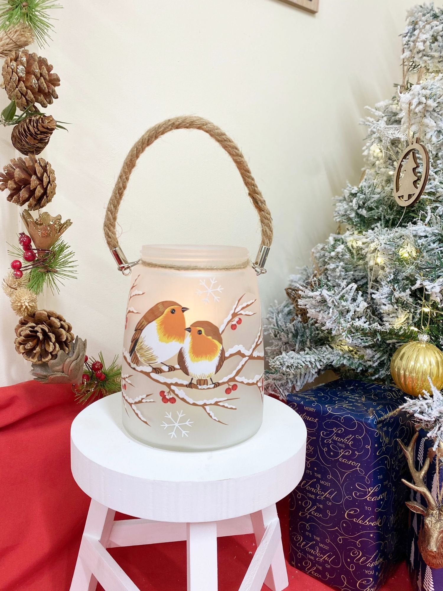 Christmas Robin Lantern With Rope Handel