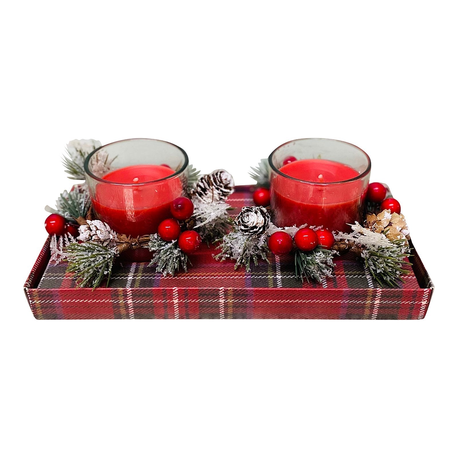 Red Set Of 2 Candle Pots With Wreath