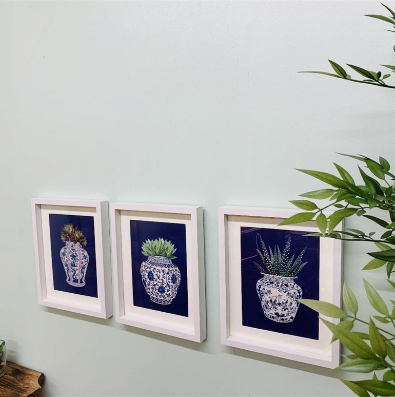 Set of 3 Photo Frames Depicting Succulents In A Blue Vase