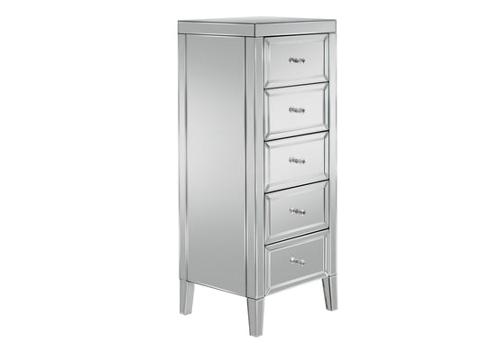 Valencia 5 Drawer Narrow Chest - Glamorous Mirrored Finish with Bevelled Edges and Mock Crystal Handles, Pre-Assembled